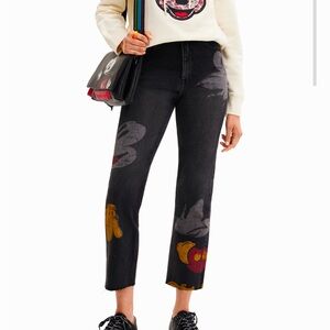 Desigual Gray Ankle Cropped Jeans with Colorful Embroidery